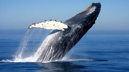 Obraz premium Humpback whale leaps out of the vast ocean blue