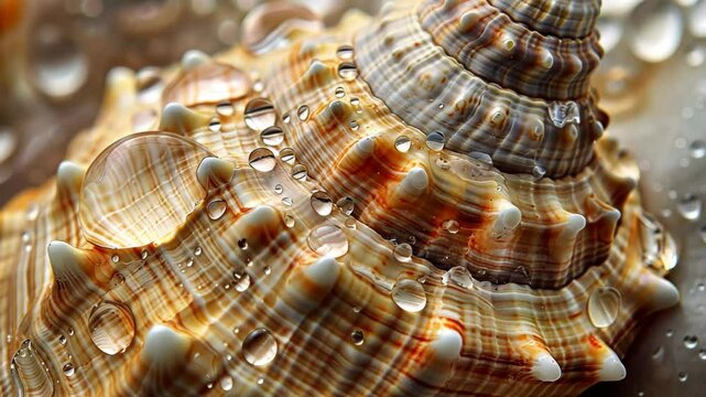 Exploring the intricate patterns of a coastal shell covered in morning dew during sunrise
