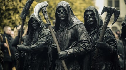 A group of hooded figures with skull masks, holding scythes and axes, creating a dramatic scene.