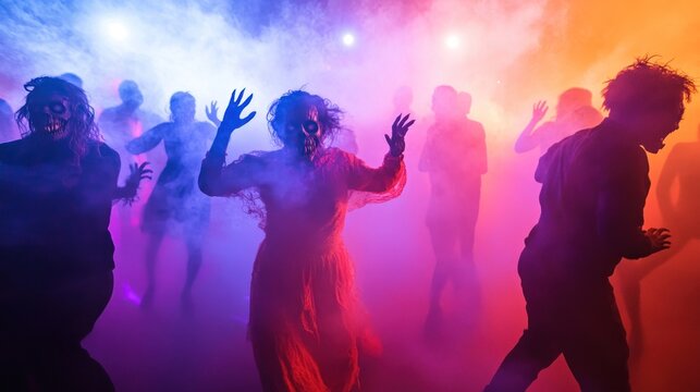 A group of people dressed as zombies dancing amidst colorful fog and lighting effects.