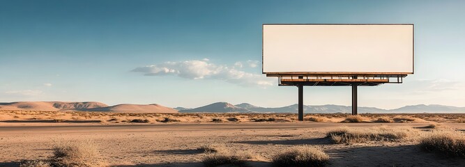 50. A billboard in an expansive open desert with sand dunes and a clear horizon, emphasizing the large white space