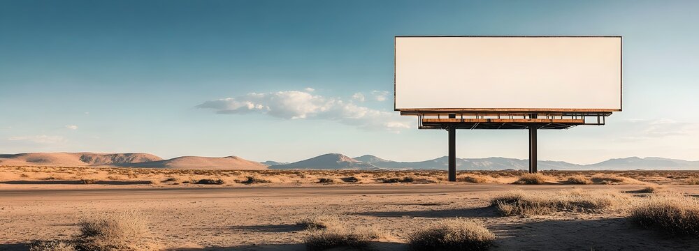 50. A billboard in an expansive open desert with sand dunes and a clear horizon, emphasizing the large white space