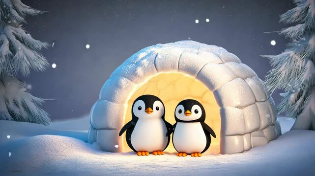 Two adorable penguins stand outside their cozy igloo in a snowy, winter landscape surrounded by softly falling snowflakes