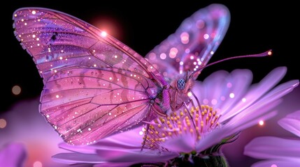 A bright pink butterfly resting on a pink flower against a black background, illustration