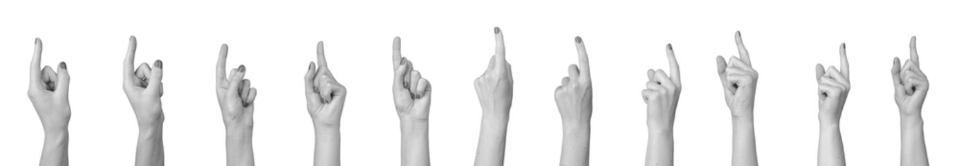 Index finger indicating, pointing up. Hand pointer set isolated on white background.