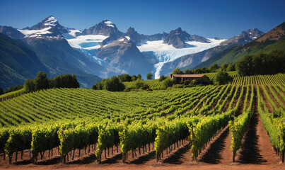 A vineyard nestled in the foothills of a mountain range, with a glacier visible in the distance