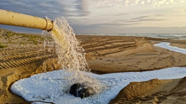 Abwasser mit wei&szlig;em Schaum sprudelt aus gro&szlig;em Abwasserrohr am Strand in den Sand und flie&szlig;t direkt ins Meer, Umweltschutz, Umweltverschmutzung, Abwasser, Gesundheit, Industrieabwasser
