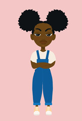 Petite fille noire afro couettes salopette en colère bras croisés vecteur