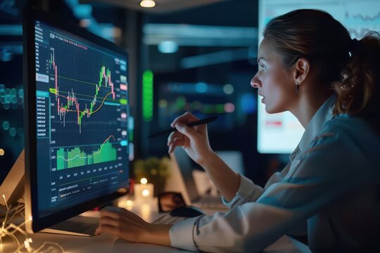 Finance business women talking and looking at data, stats and a graph on a computer screen while working late at night in an office. Female colleagues analysing a chart and trading stock online Financ