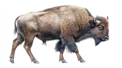 European bison walks gracefully, displaying its robust body and large head against a stark white backdrop, embodying strength and beauty in motion.