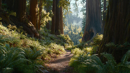   A forest path flanked by towering trees and lush ferns on either side