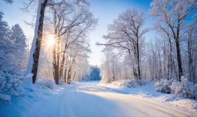 A snowy forest path winds through bare trees on a bright winter morning