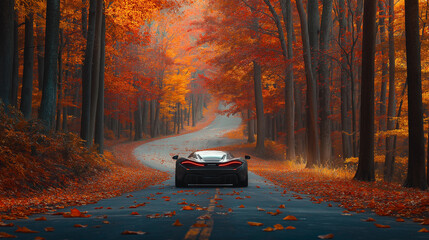 a sports car driving down a road in the fall