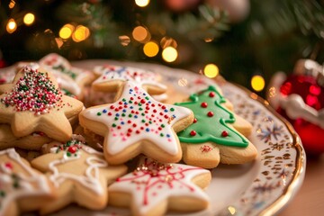 Festive Christmas Cookies on Plate with Icing and Sprinkles by Glowing Tree Background - Holiday Baking Delight
