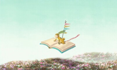 Book, kid, education and imagination concept. conceptual art. surreal artwork. Dream of child.