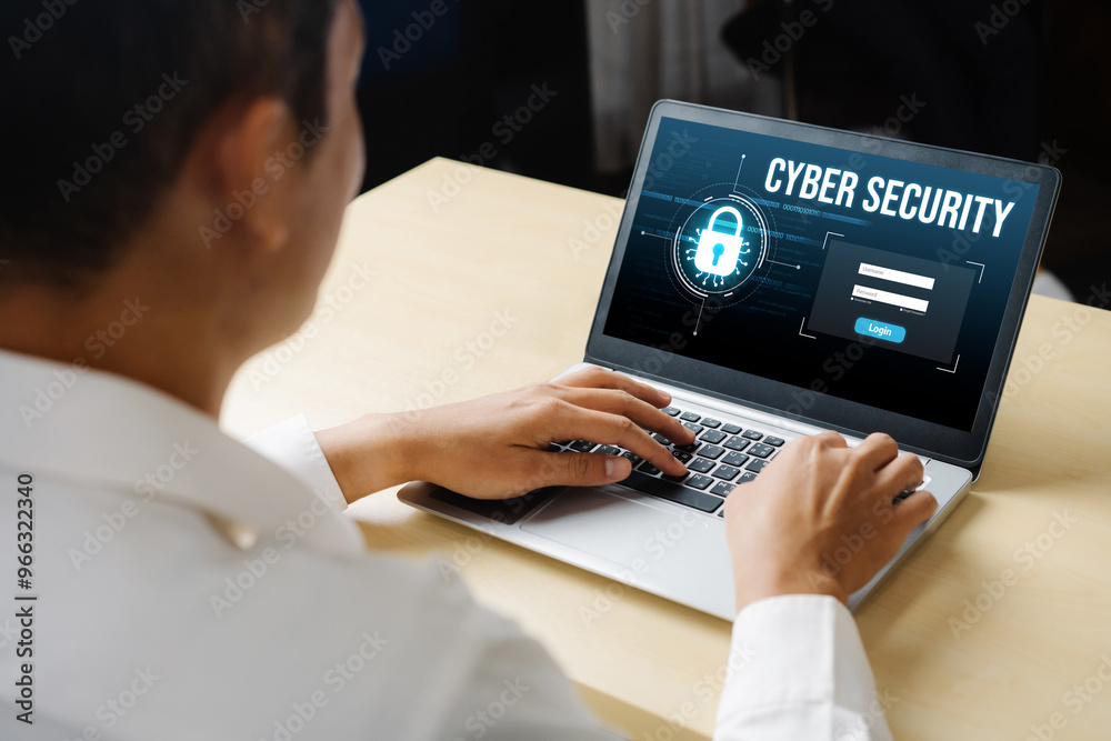 Poster cyber security system on computer screen protect private information snugly from hacker and cyber at
