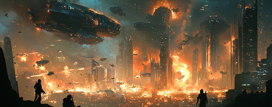 Alien Invasion: City Under Attack with Buildings Ablaze and Futuristic Weaponry Chaos