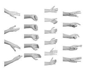 Different hand gestures, finger signs set, isolated on white background.