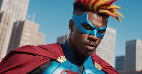 A powerful African American superhero posing on a city street, showcasing strength and determination during daylight hours