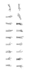 Different hand gestures, finger signs, showing symbols set, isolated on white background.