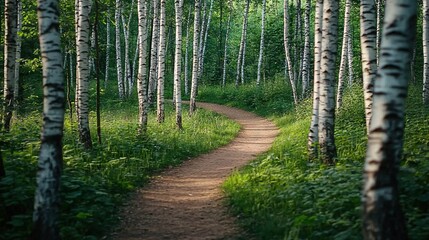 Fototapeta premium A dirt path through a forest with tall trees on both sides, leading to another dirt path in the center