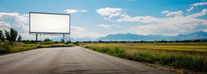 40. A billboard on a rural road with fields of crops and distant mountains, emphasizing the spacious white area