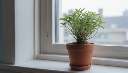 Fototapeta premium A terracotta pot with a green plant on a white window sill