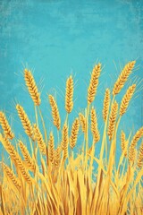 Retro coloring book illustration featuring a blue sky and yellow wheat spikelets with a patterned background Suitable for various designs and decorative purposes