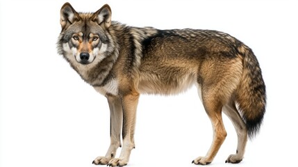 majestic grey wolf remains vigilant, its ears raised and fur detailed, poised gracefully on a white background, embodying wild beauty and alertness.