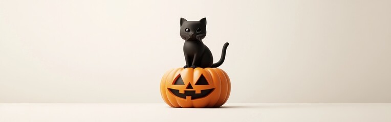 A black cat sits atop a carved pumpkin, symbolizing Halloween festivities.