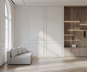 Aesthetic elegant modern iinterior design with classic elements. Clear mock up empty wall for decoration in the apartment. Copy space in the room with moldings. Neutral palette of natural colors