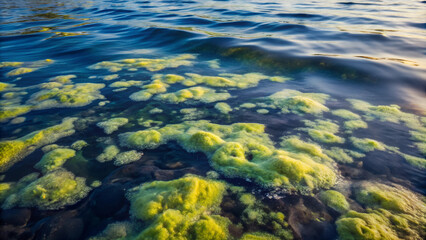 Close-up view of water with floating green algae and bubbles creating vibrant patterns on the surface