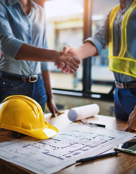 yellow safety helmet on workplace desk with construction worker team hands shaking greeting start up plan new project contract in office center at construction site, partnership and contractor concept