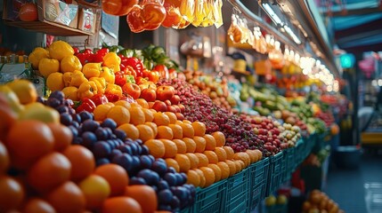 a fruit and vegetable market with many different types of fruits and vegetables