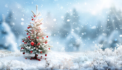 Obraz premium Outside Christmas tree in snow background with tree lights and snowman