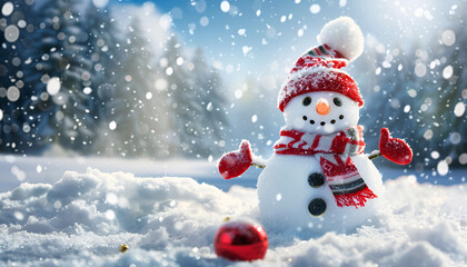 Fototapeta premium Outside Christmas tree in snow background with tree lights and snowman