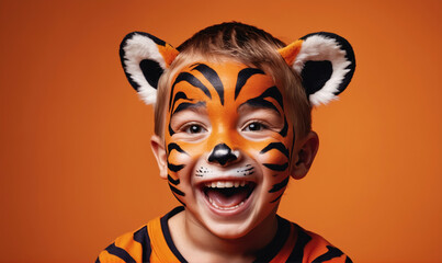A young boy with tiger face paint smiles brightly at the camera