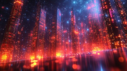 Virtual network visualized as a vibrant digital cityscape with glowing skyscrapers at night