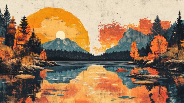 Retro illustration capturing the essence of Autumn vibes at a tranquil lake featuring a serene landscape divided into two captivating scenes