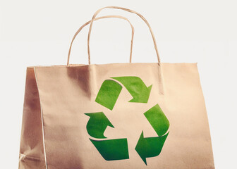 paper bag with recycling sign, isolated on white background 