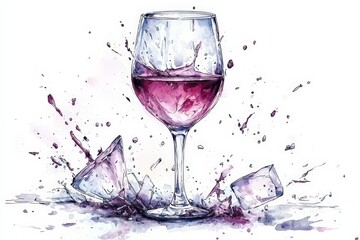 A broken wine glass with watercolor splash fragments creates striking visual. vibrant purple liquid contrasts beautifully with shards, evoking sense of chaos and artistry. 