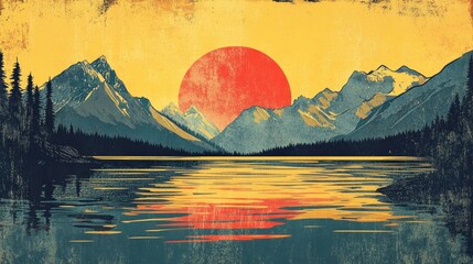 Retro coloring book illustration of a serene mountainous lake