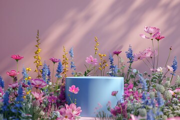 A blue pedestal is surrounded by a field of flowers