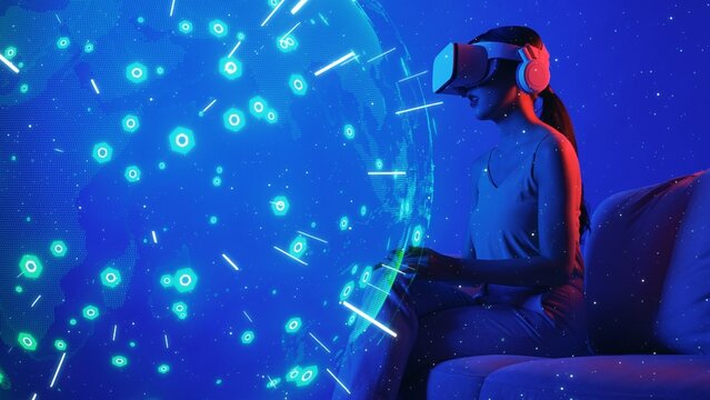 Siting sofa surprised of woman using VR headset against digital signal point station network international world map futuristic technology global connectivity 3D digital graphic visual. Hallucination.