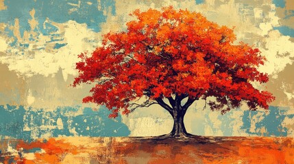 Retro illustration of a beautiful autumn tree with vibrant fall colors