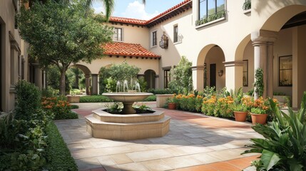 Serene courtyard with a fountain, plants, and vibrant flowers.