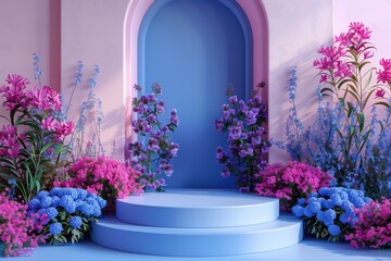 A blue archway with pink flowers in front of it