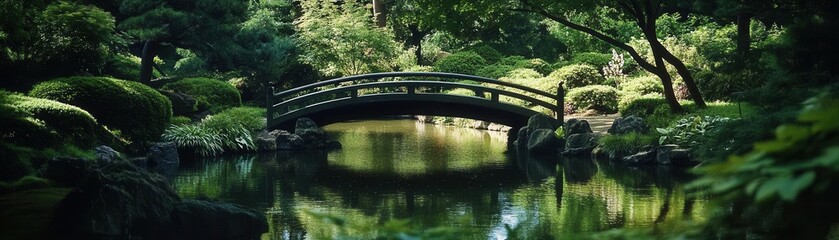 Fototapeta premium Tranquil atmosphere in a Japanese garden, with a small bridge over a koi pond, tranquil atmosphere, peaceful setting.