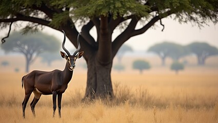 Naklejka premium Sable antelope under acacia tree strong horns