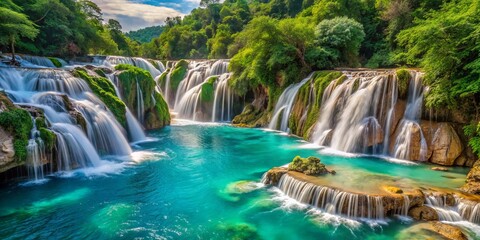 Vibrant turquoise water cascades down steep rock formations in the scenic Huasteca Potosina region of San Luis Potosi,